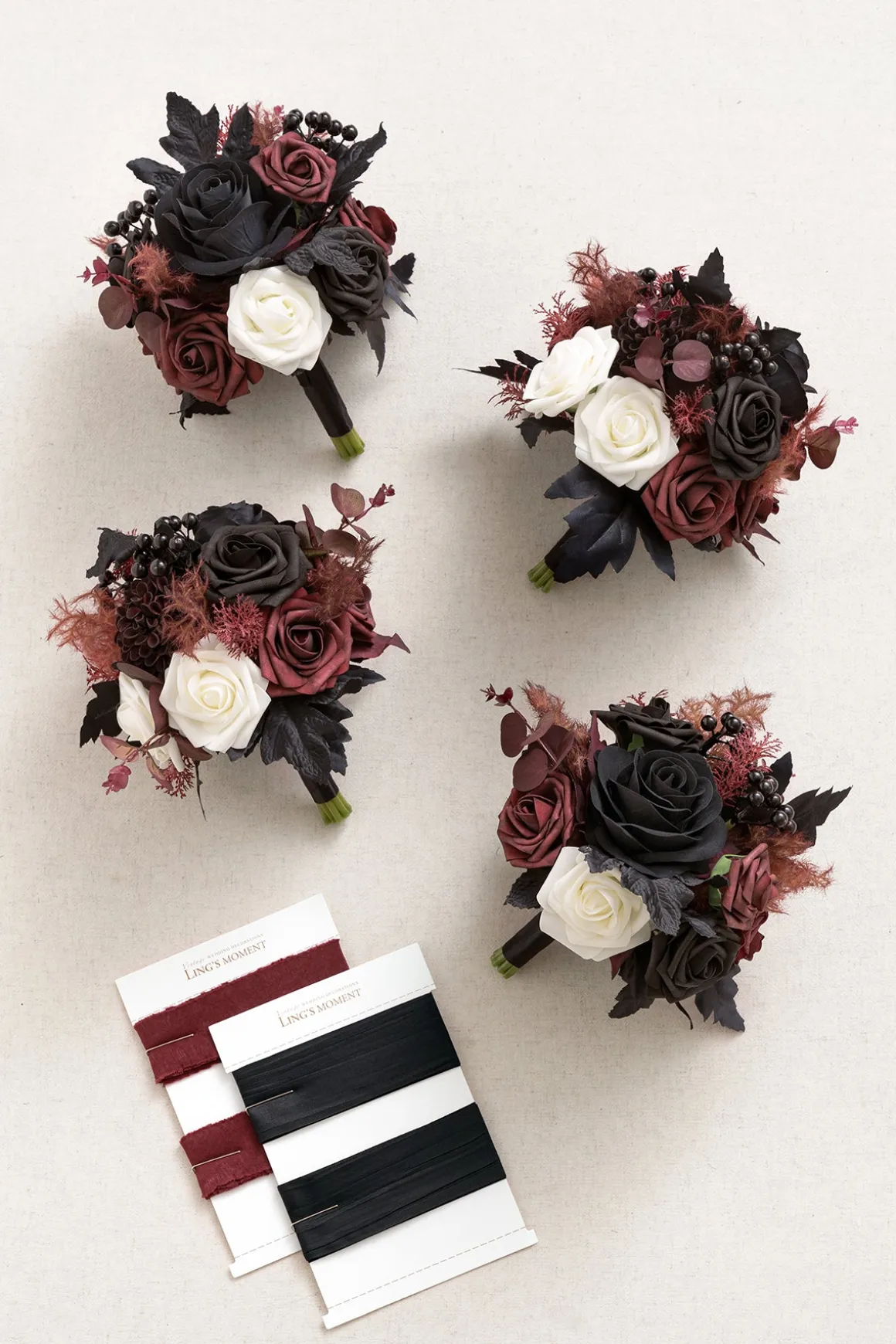 Round Bridesmaid Bouquets in Moody Burgundy & Black (Set of 4) | Clearance