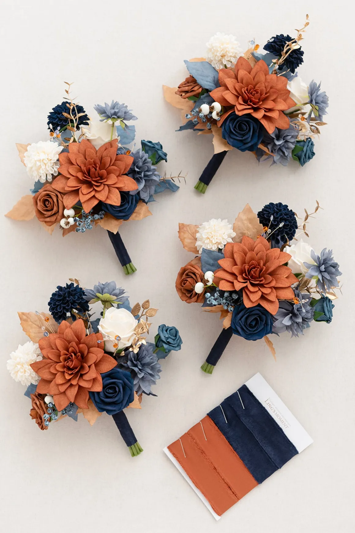 Round Bridesmaid Bouquets in Russet Orange & Denim Blue