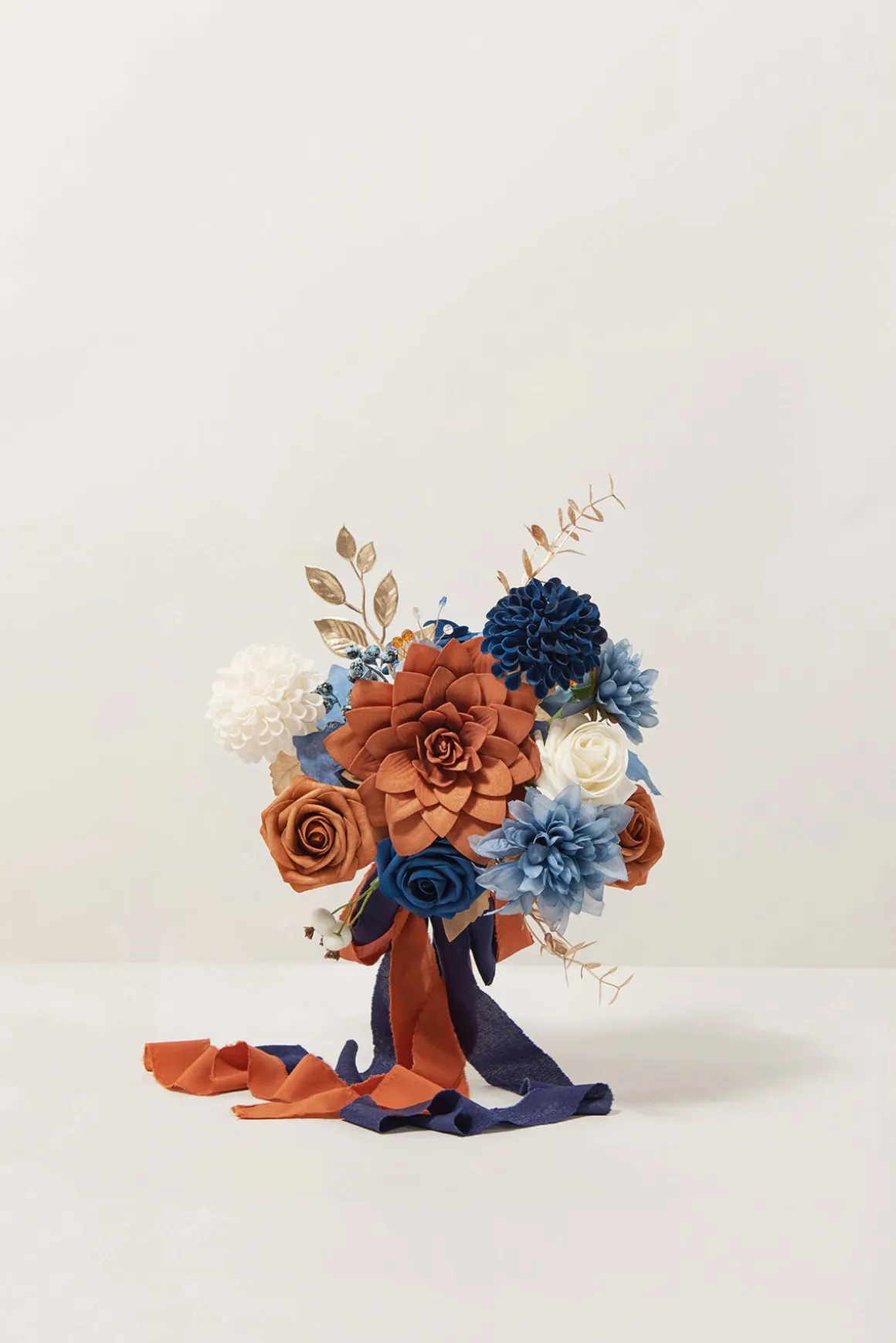 Round Bridesmaid Bouquets in Russet Orange & Denim Blue