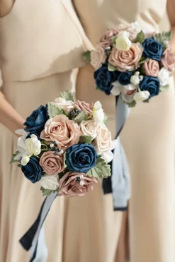 Round Bridesmaid Bouquets in Dusty Rose & Navy