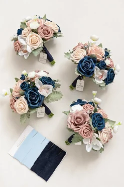 Round Bridesmaid Bouquets in Dusty Rose & Navy