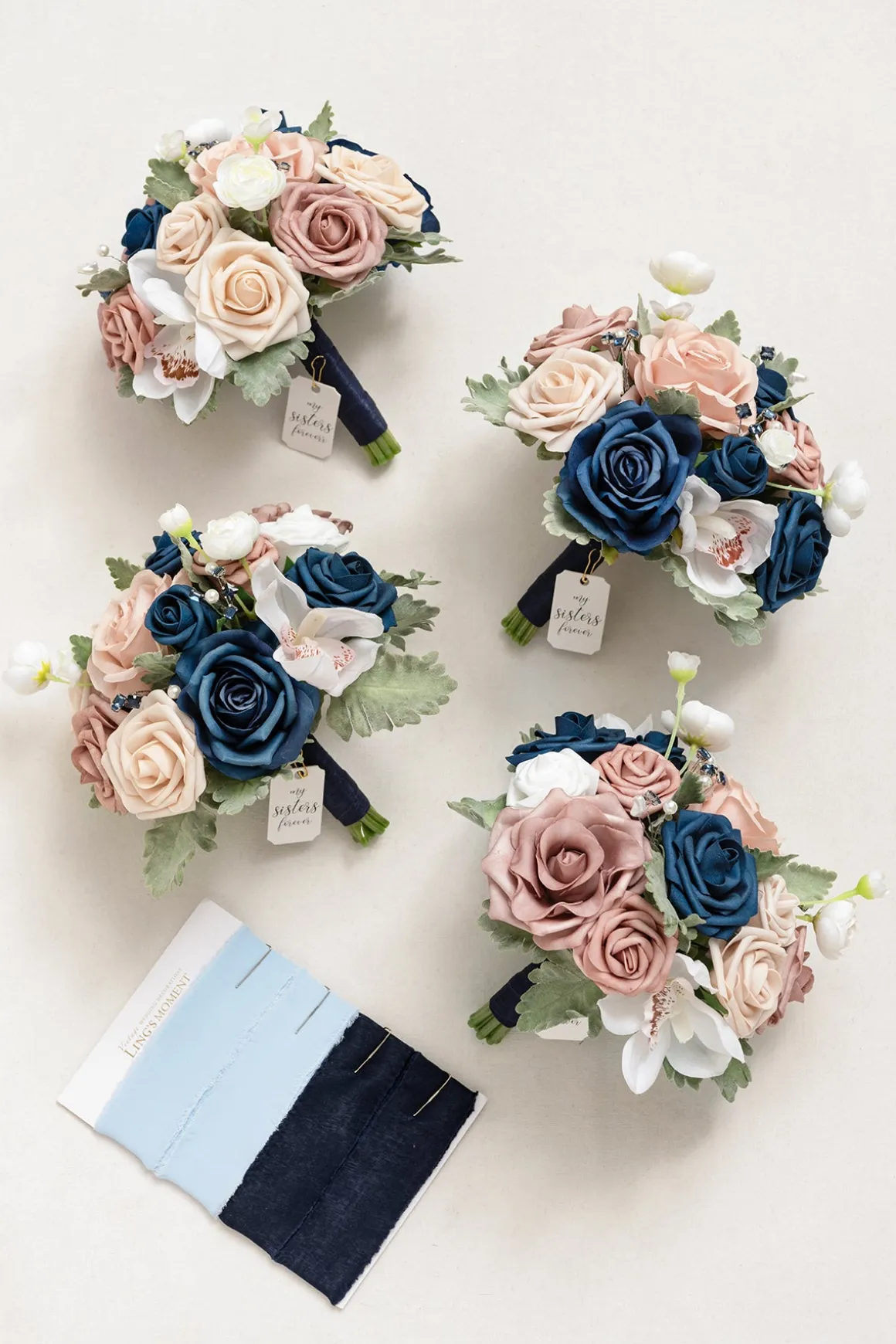 Round Bridesmaid Bouquets in Dusty Rose & Navy