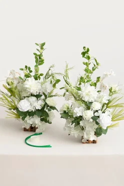 Set of 2 Wedding Aisle Runner Flower Arrangements in White & Green