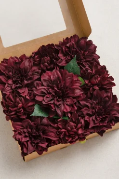 5.5" Silk Semi-Cactus Dahlia & 4.5" Silk Waterlily Dahlia with Stem - Burgundy