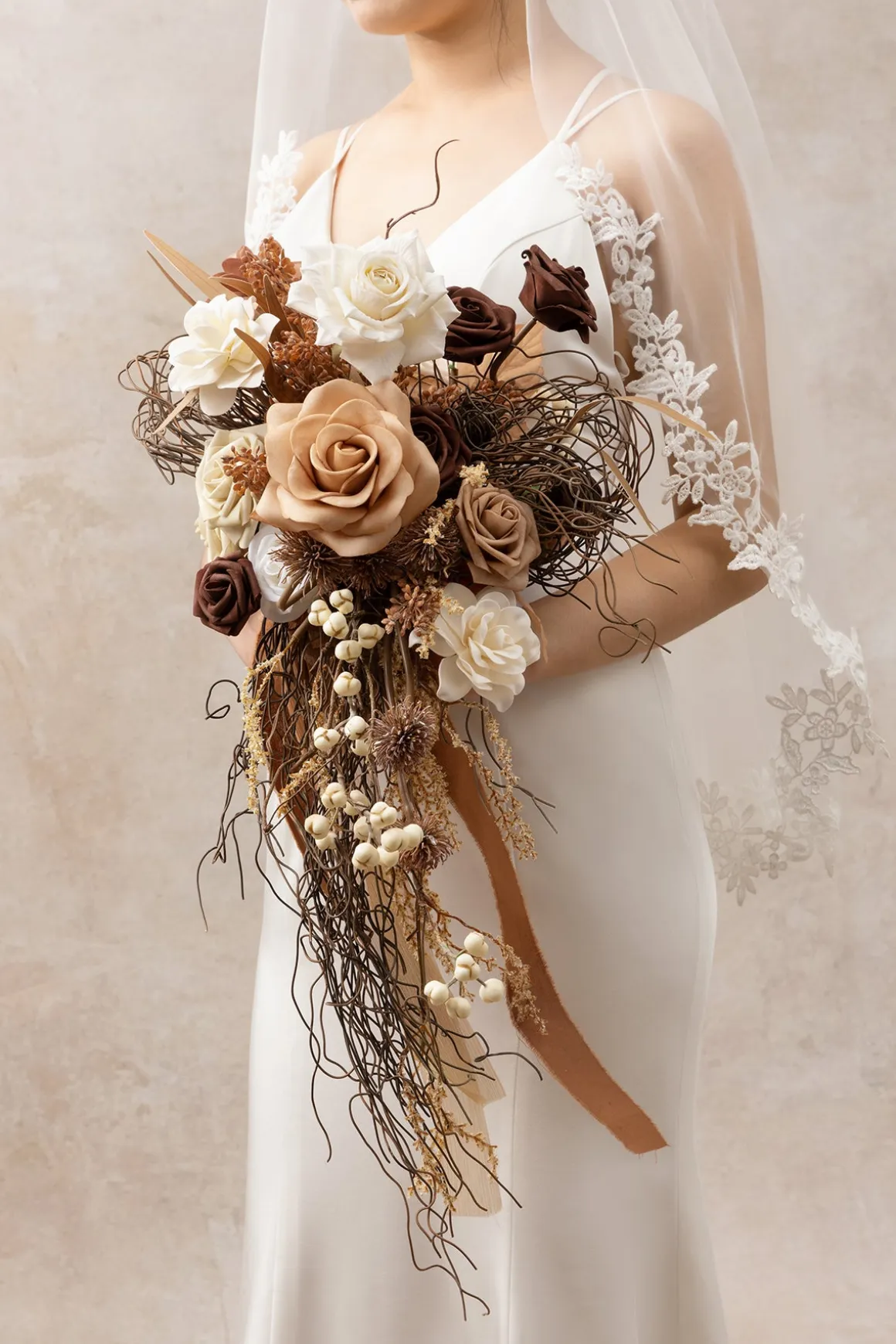 Small Cascade Bridal Bouquet in Beige Raw Serenity | Clearance