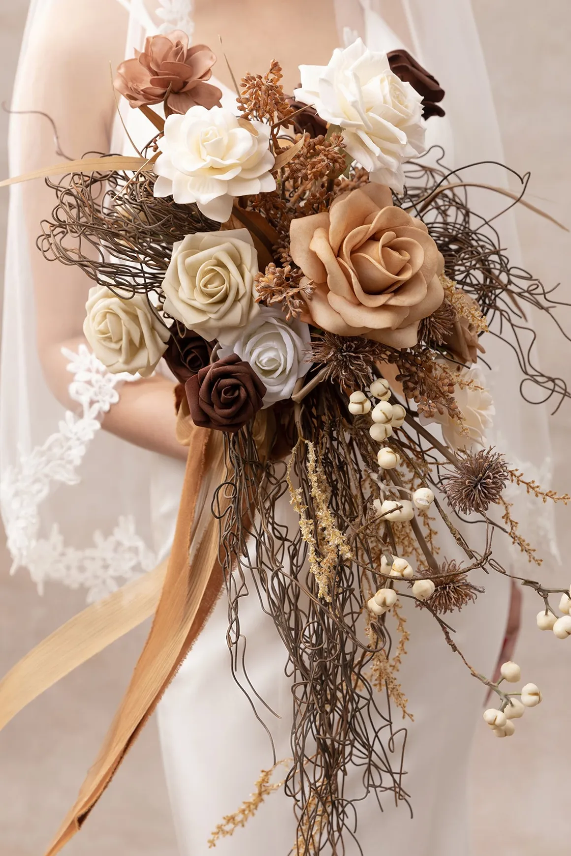 Small Cascade Bridal Bouquet in Beige Raw Serenity | Clearance