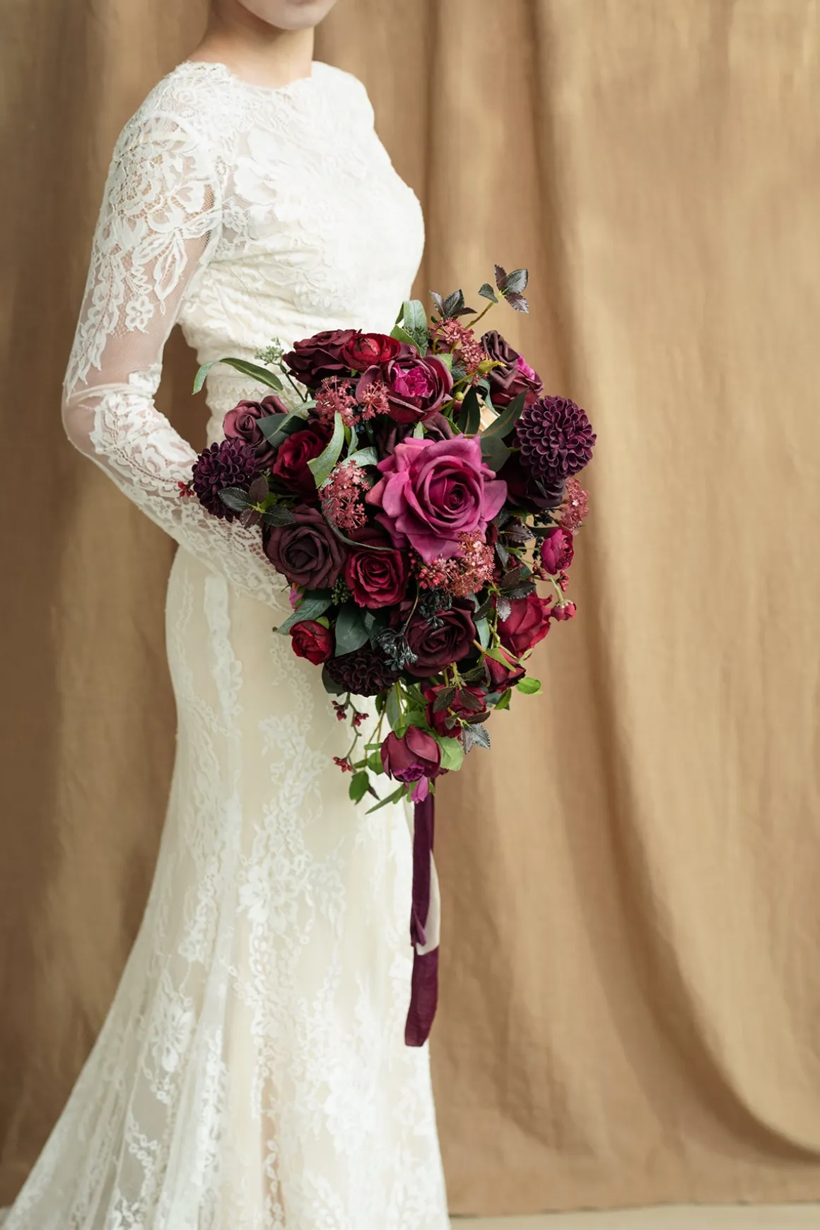 Small Cascade Bridal Bouquet in Bordeaux Red & Wine