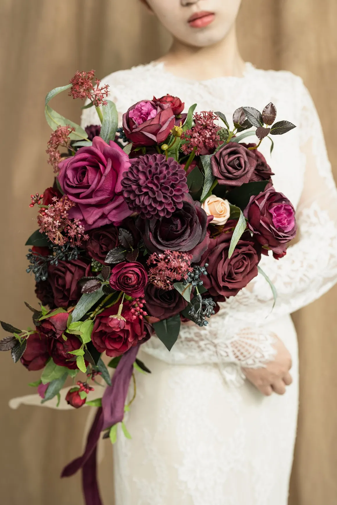 Small Cascade Bridal Bouquet in Bordeaux Red & Wine