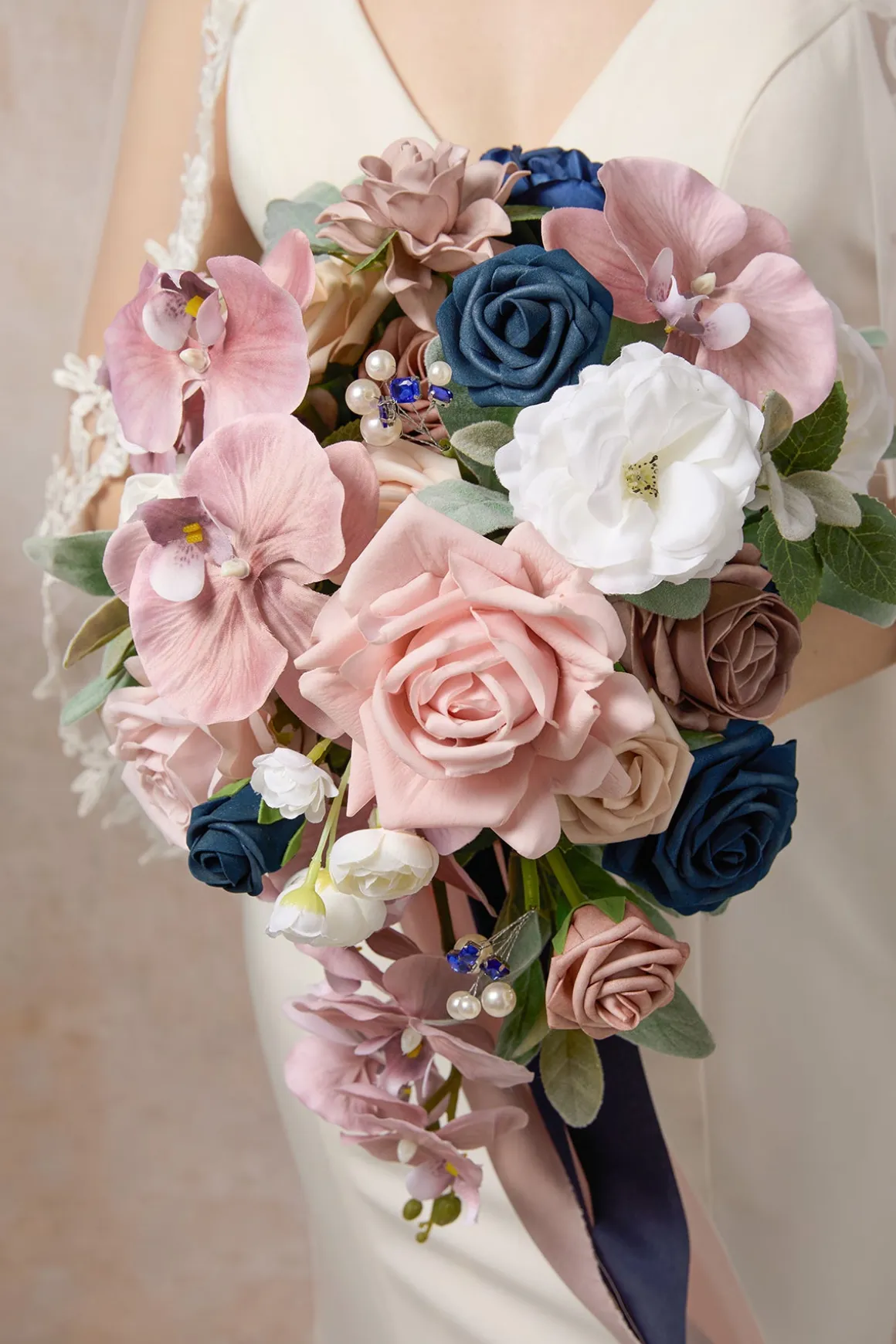Small Cascade Bridal Bouquet in Dusty Rose & Navy