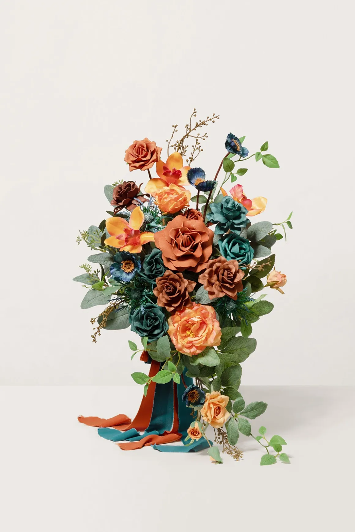 Small Cascade Bridal Bouquet in Dark Teal & Burnt Orange