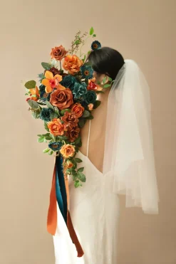 Small Cascade Bridal Bouquet in Dark Teal & Burnt Orange