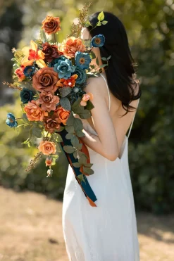 Small Cascade Bridal Bouquet in Dark Teal & Burnt Orange
