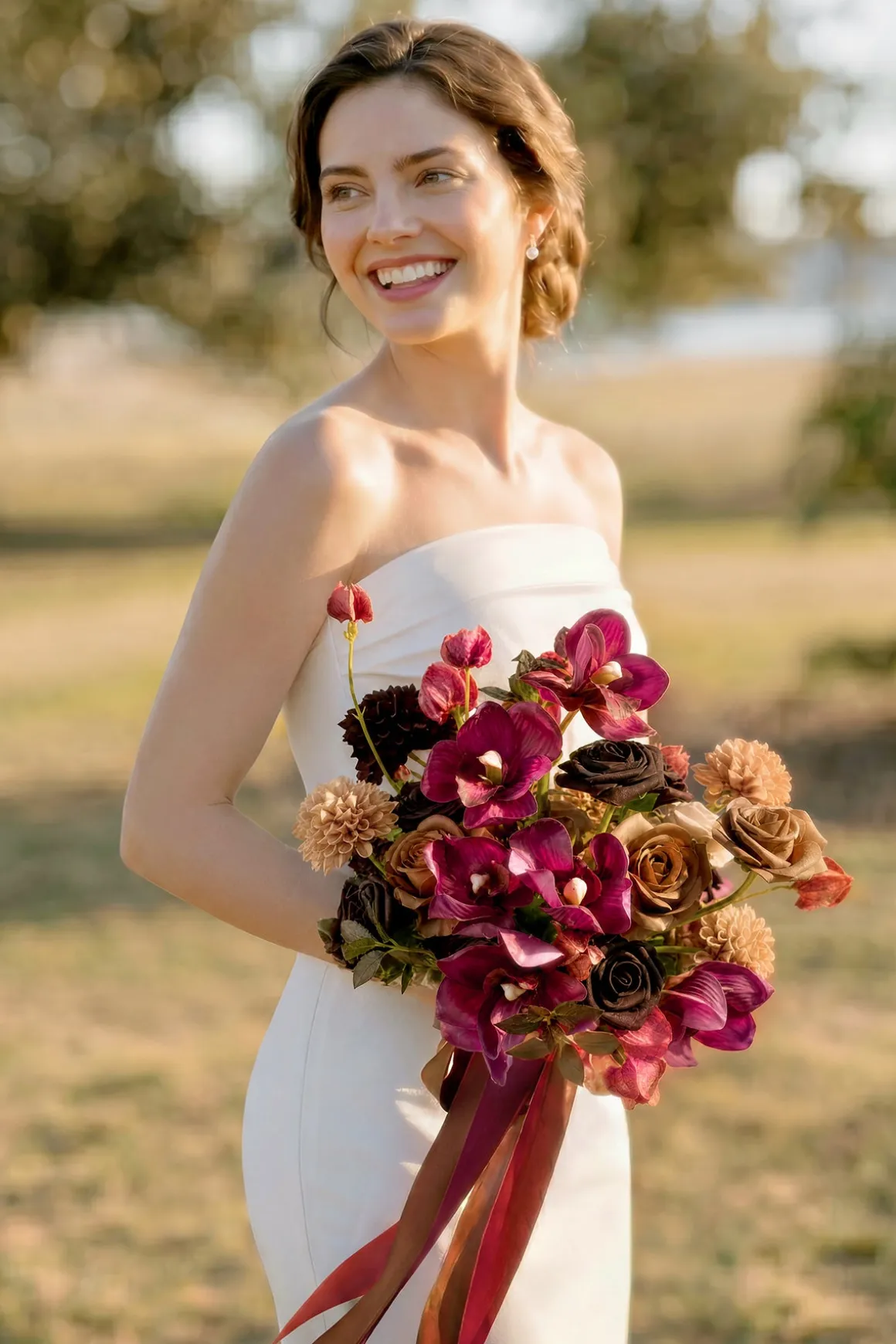 Small Free-Form Bridal Bouquet in Earth Brown & Black Baccara