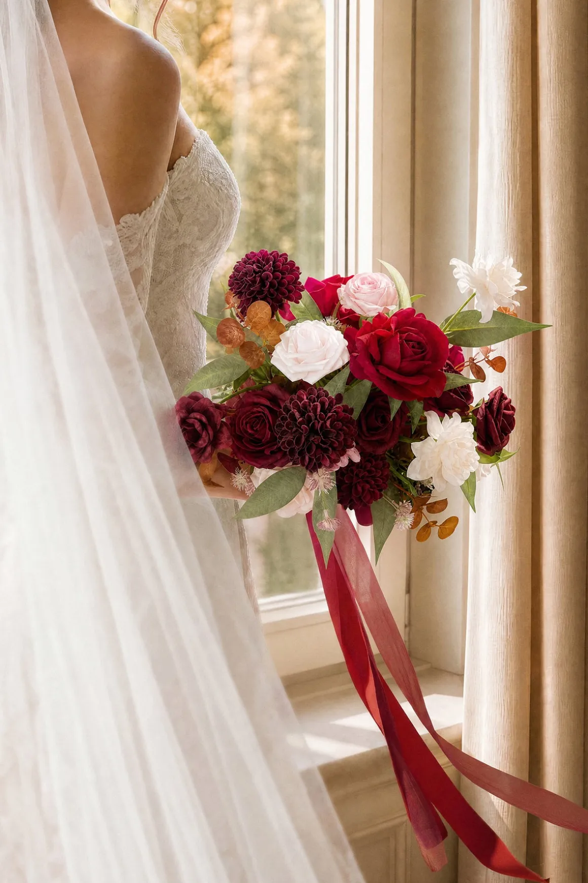 Small Free-Form Bridal Bouquet in Burgundy & Powder Pink