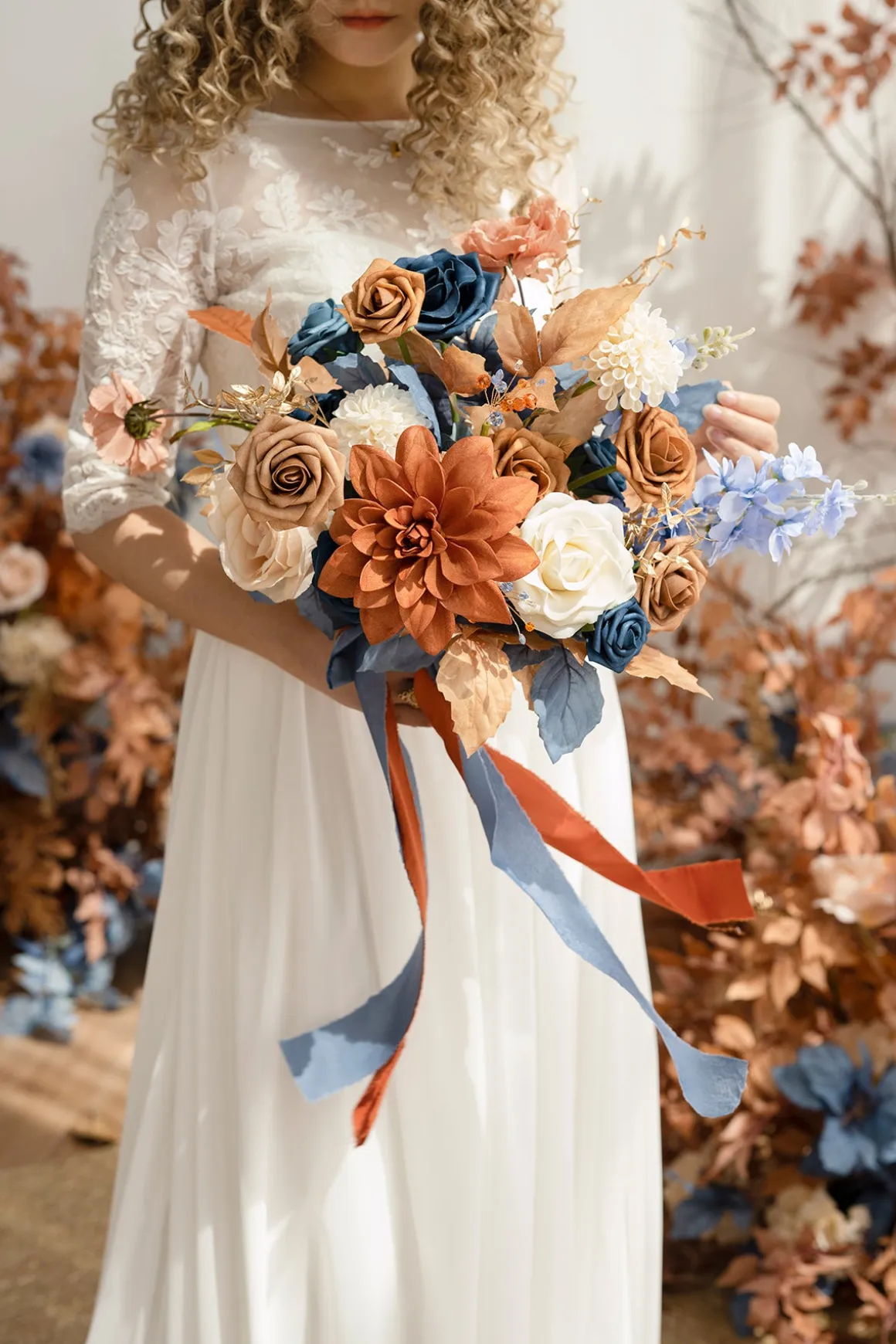 Small Free-Form Bridal Bouquet in Russet Orange & Denim Blue
