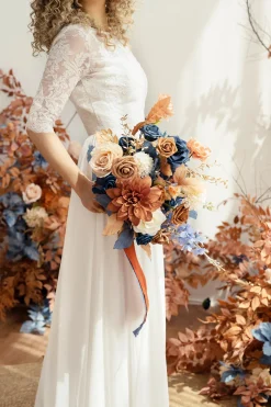 Small Free-Form Bridal Bouquet in Russet Orange & Denim Blue