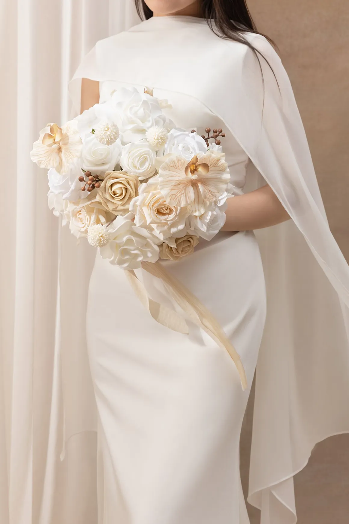 Small Round Bridal Bouquet in Tawny Beige & Sand Beige | Clearance