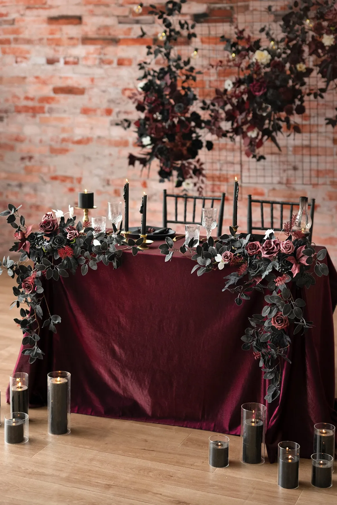 Sweetheart Table Floral Swags in Moody Burgundy & Black | Clearance