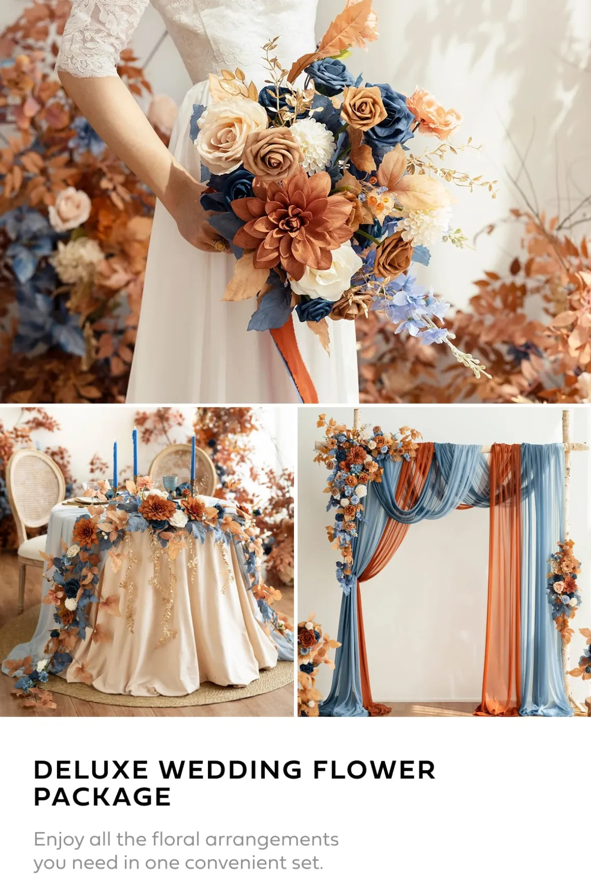 Wedding Flower Packages in Russet Orange & Denim Blue