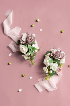 Wrist and Shoulder Corsages in Dusty Rose & Cream