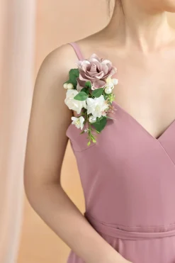 Wrist and Shoulder Corsages in Dusty Rose & Cream