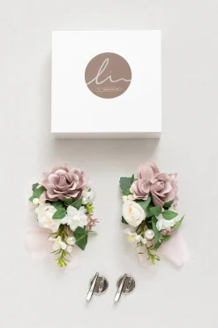 Wrist and Shoulder Corsages in Dusty Rose & Cream
