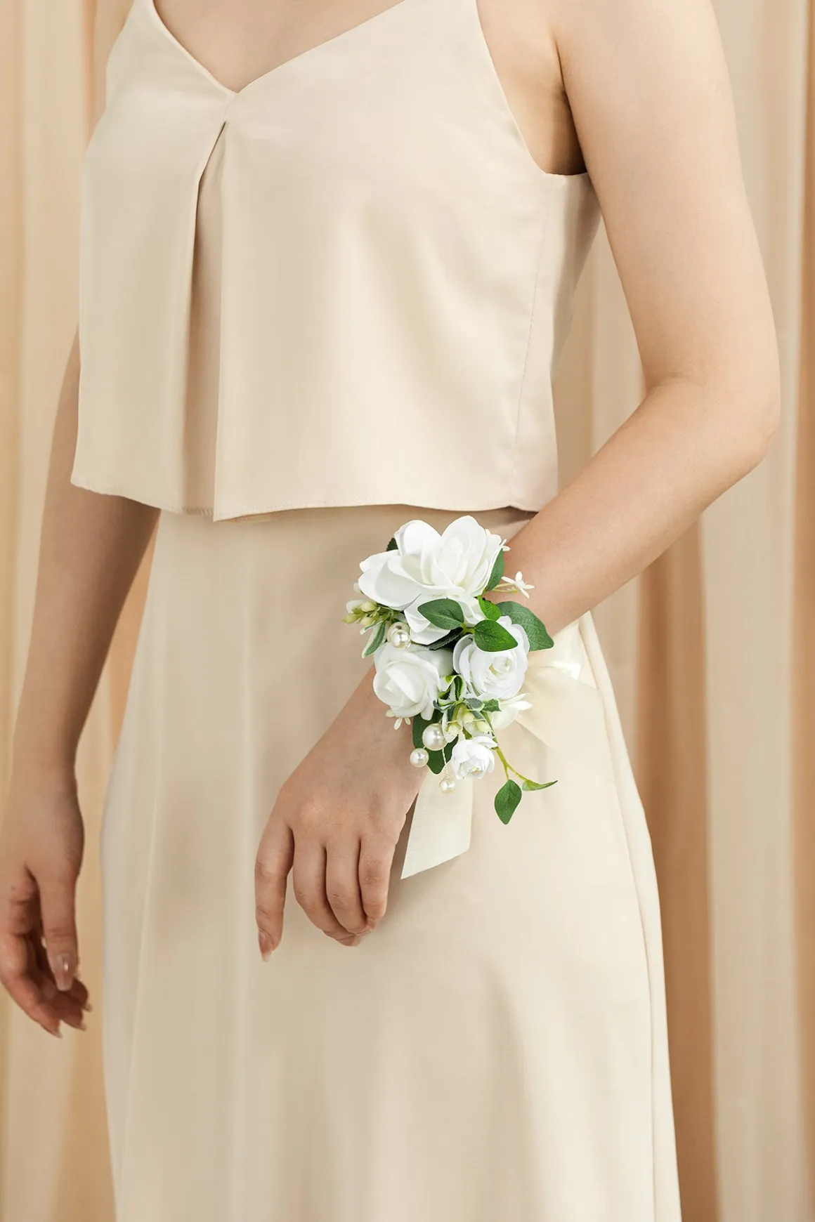 Wrist and Shoulder Corsages in White & Sage