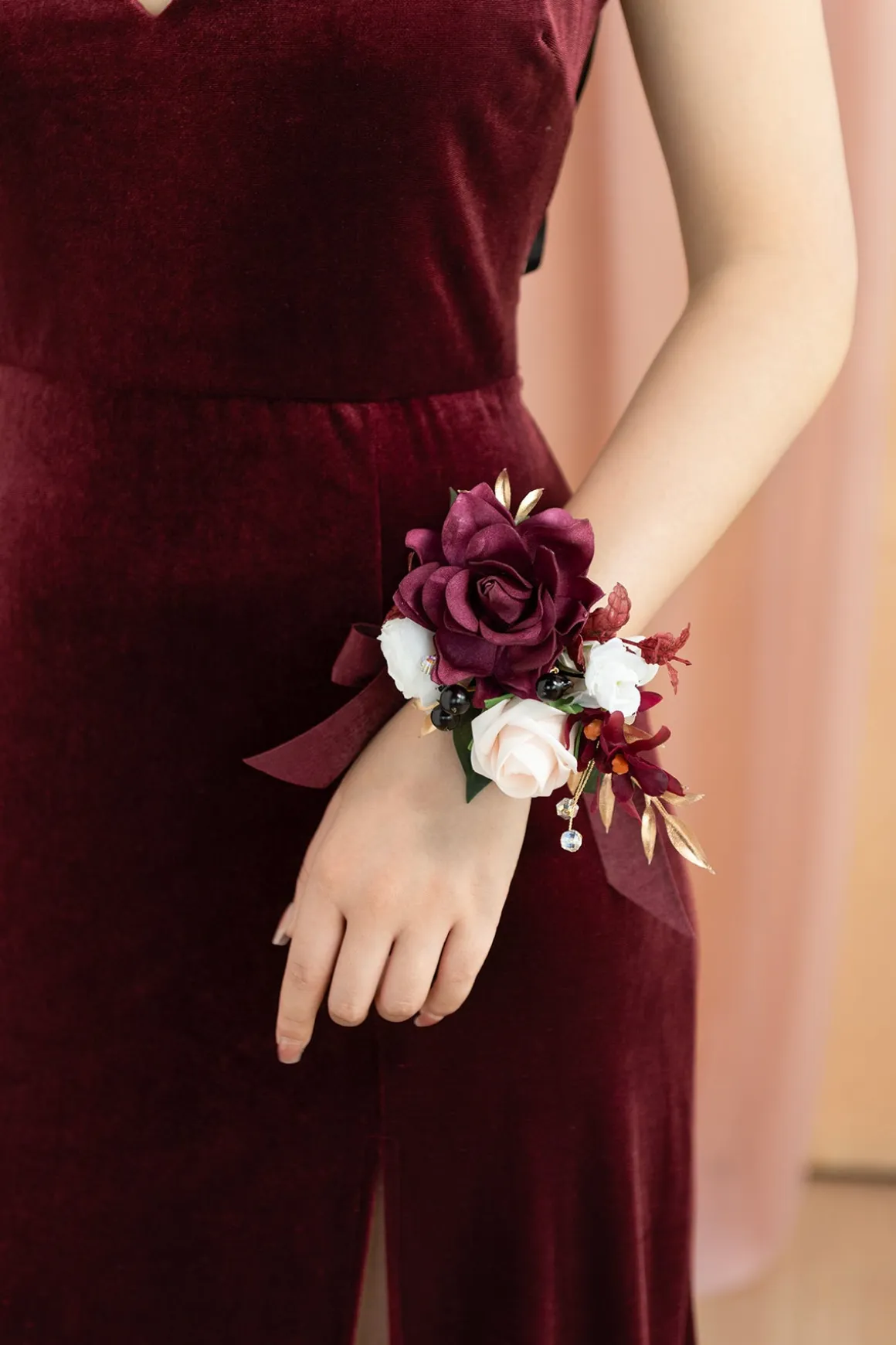 Wrist and Shoulder Corsages in Romantic Marsala