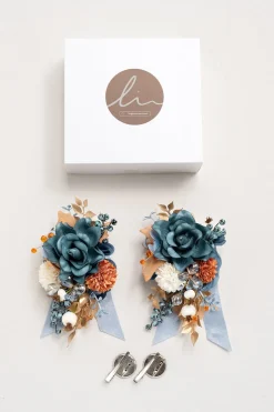 Wrist and Shoulder Corsages in Russet Orange & Denim Blue | Clearance
