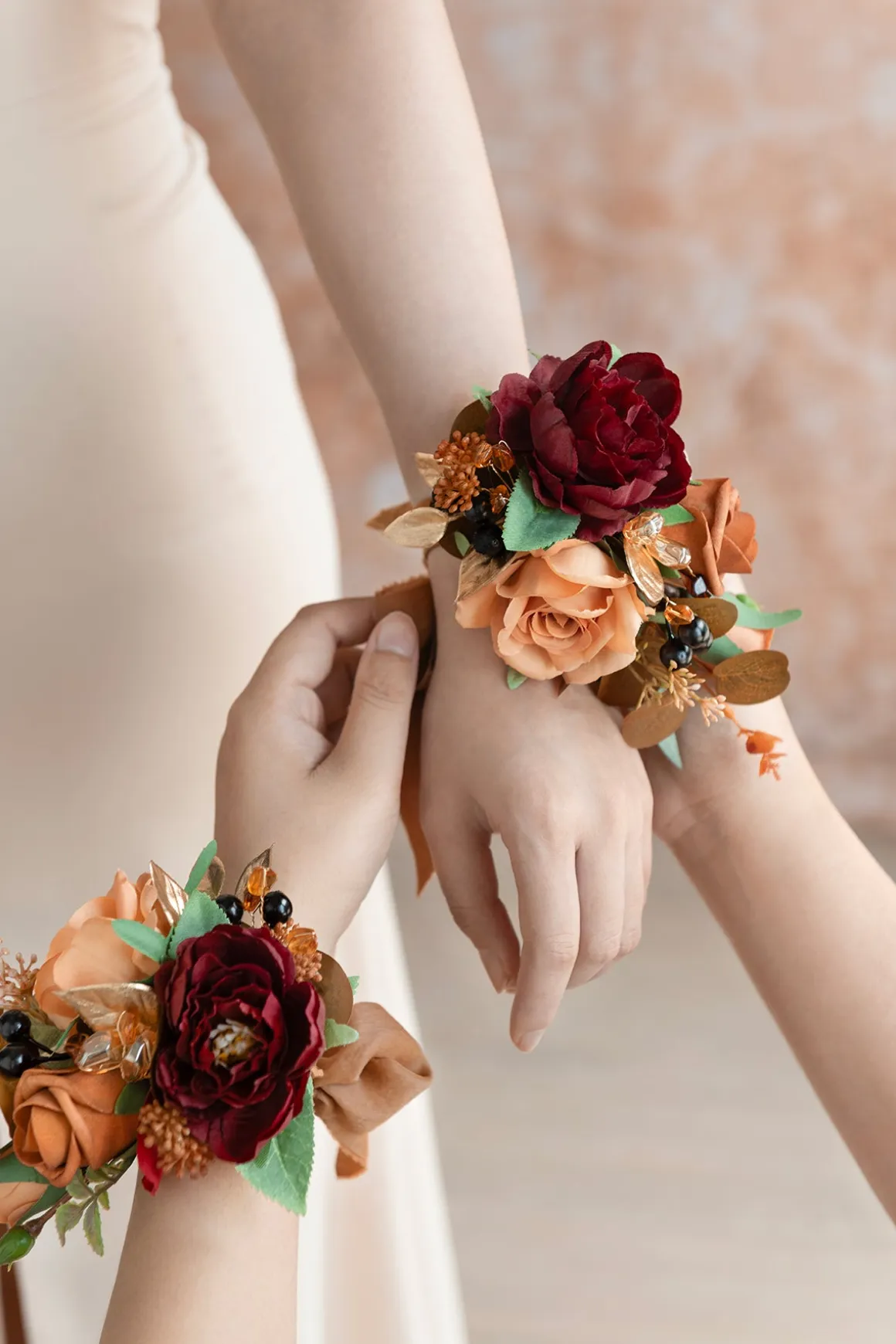 Wrist and Shoulder Corsages in Sunset Terracotta