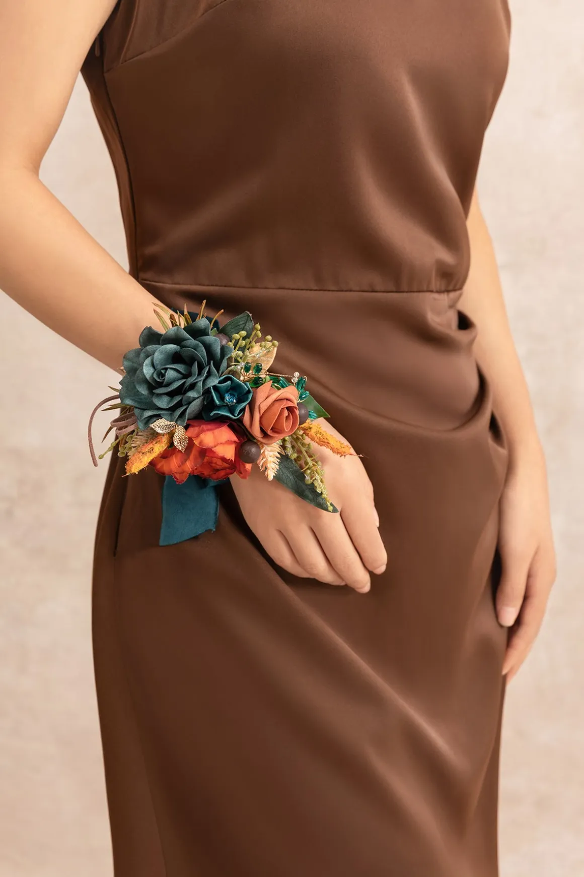 Wrist and Shoulder Corsages in Dark Teal & Burnt Orange (Set of 2)