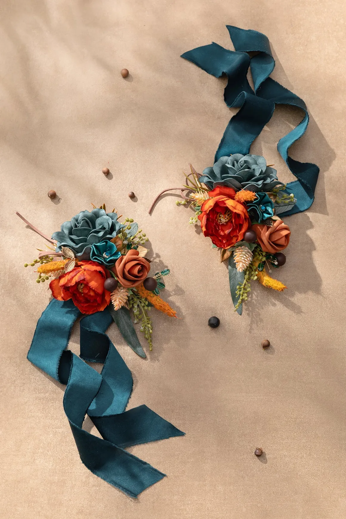 Wrist and Shoulder Corsages in Dark Teal & Burnt Orange (Set of 2)
