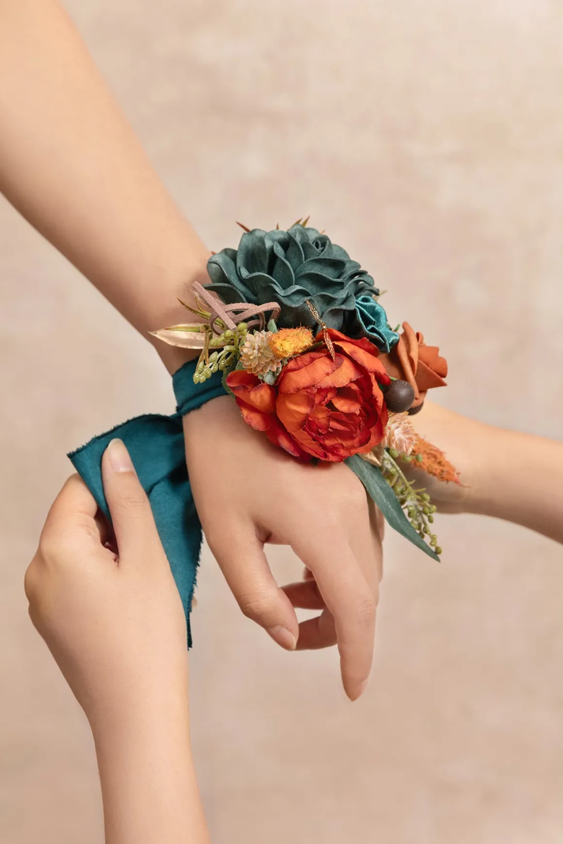 Wrist and Shoulder Corsages in Dark Teal & Burnt Orange (Set of 2)
