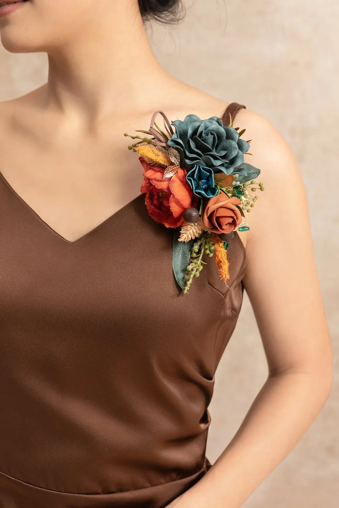 Wrist and Shoulder Corsages in Dark Teal & Burnt Orange (Set of 2)