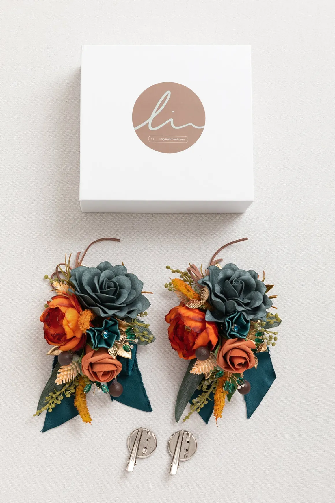 Wrist and Shoulder Corsages in Dark Teal & Burnt Orange (Set of 2)