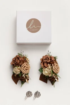 Wrist and Shoulder Corsages in Walnut Brown & Sand Beige (Set of 2)