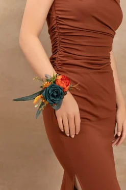 Wrist Corsages in Dark Teal & Burnt Orange