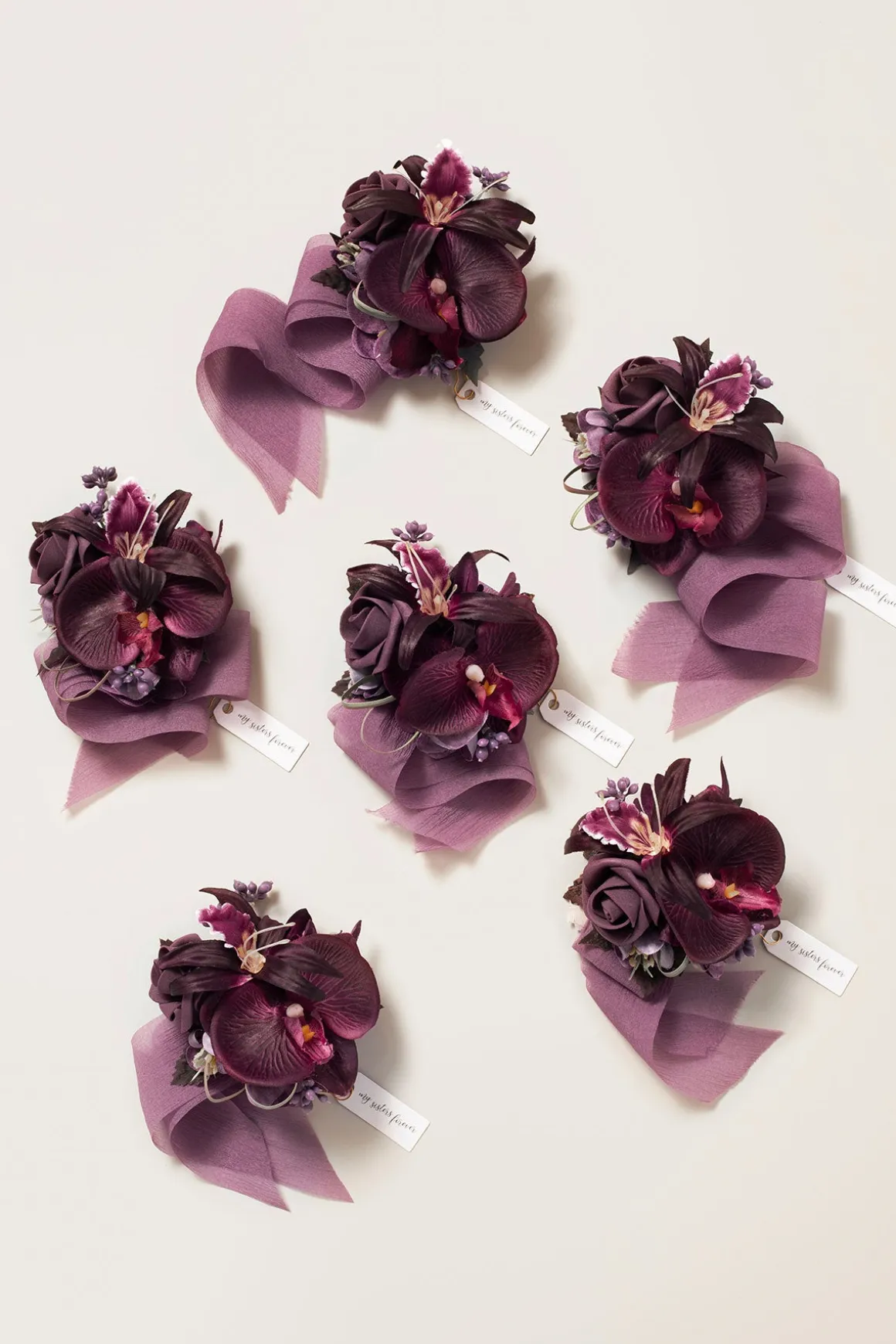 Wrist Corsages in Plum Velvet Wedding (Set of 6)